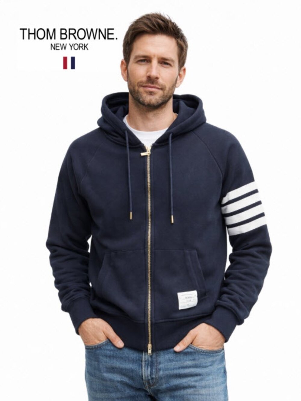 Thom Browne Navy Zip Hoodie 4-Bar White Stripe Gold Accents Size 3